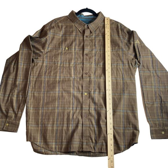 Prana Brown Blue Plaid Western Style Shirt Mens XL Chest Pockets Cotton Blend - Picture 8 of 10